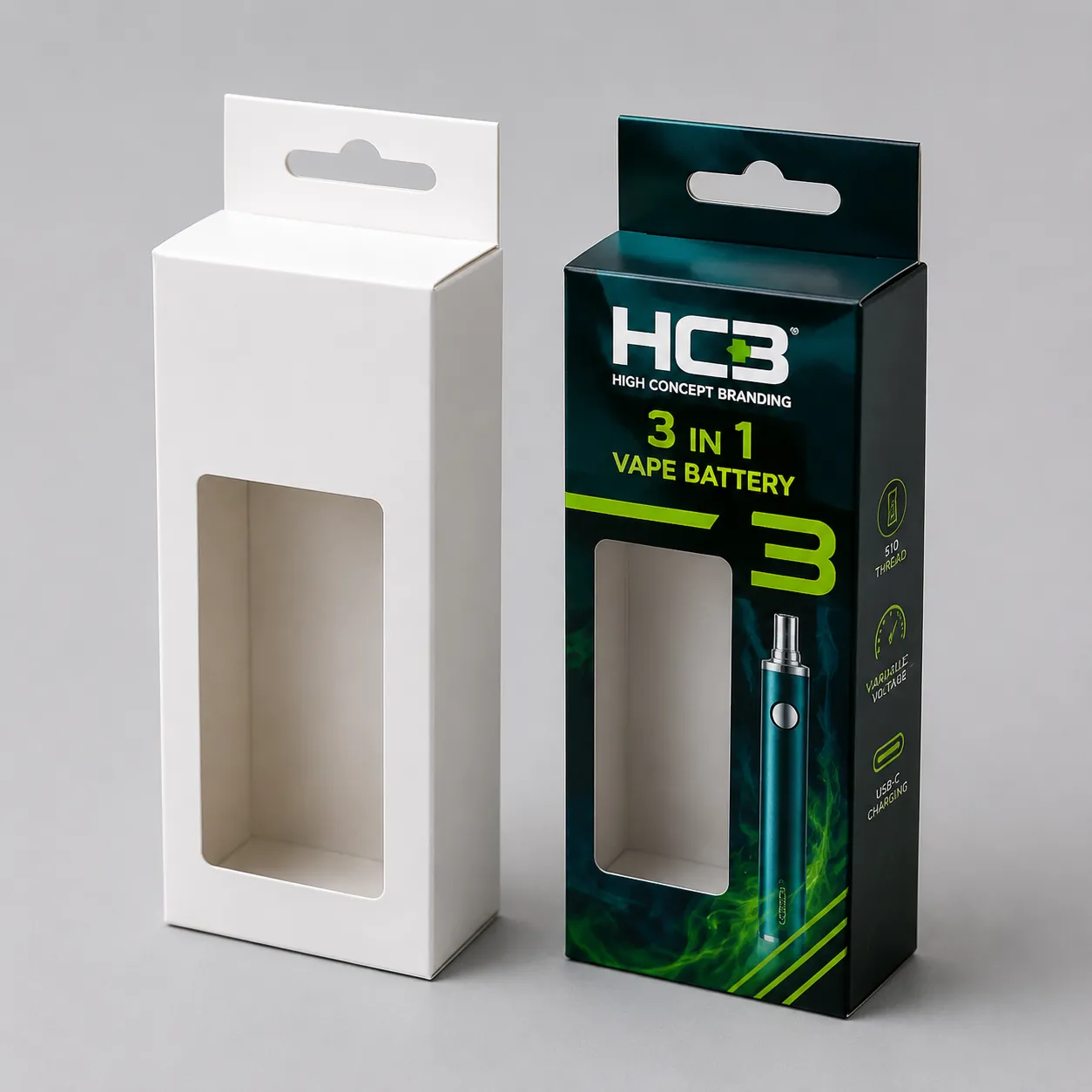 Printed vape battery boxes with a hanging tab and die cut window next to plain template.